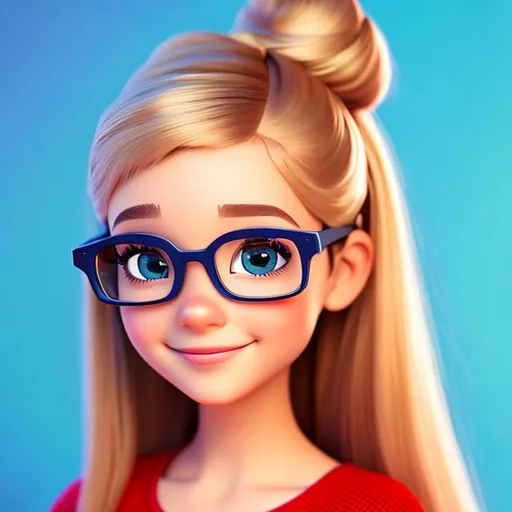 Prompt: Disney, Pixar art style, CGI, tween girl with black glasses,  light blond hair in a tight ponytail, blue eyes,,
