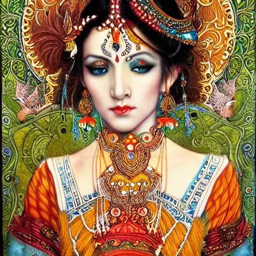 Prompt: beautiful and playful ginger hindu dancer, art nouveau, fantasy, intricate indian flower designs, elegant, highly detailed, sharp focus, art by chie yoshii