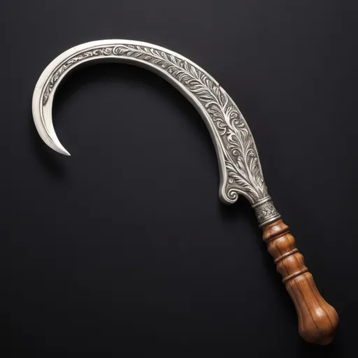 Prompt: An ornate yet simple silver sickle with a wooden handle