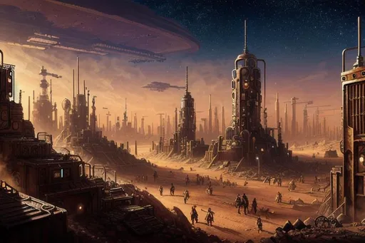 Prompt: A steampunk post-apocalyptic martian city after a battle in under a starry sky.