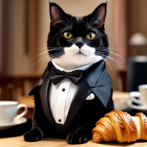 Prompt:  a cat wearing a tuxedo with a bowtie. On the table in front of him is a cup of tea and a croissant on a plate 