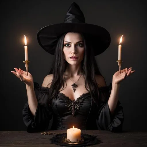 Prompt: Beautiful witch casting a spell with her hands over an alter