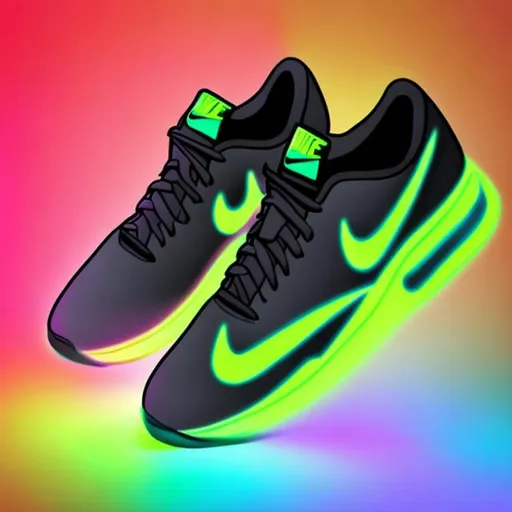 Prompt: create a magical sneaker for NIKE with neon colours. picture should allow the sneaker to float and rotate showing all sides 
