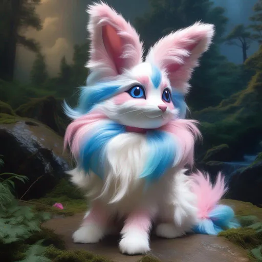 Prompt: Sylveon, epic oil painting, realistic, photograph, hyper real, furry, hyper detailed, beautiful, UHD, studio lighting, best quality, professional, 8k eyes, 8k, highly detailed, highly detailed fur, canine quadruped, (high quality fur), fluffy, fuzzy, full body shot, zoomed out view of character, perfect composition, trending, instagram, artstation, unreal engine, high octane, cute, adorable smile, peaceful, highly detailed background, vivid vibrant, concept art, character reveal, extremely detailed fur, rich shading, vivid colors, high saturation colors