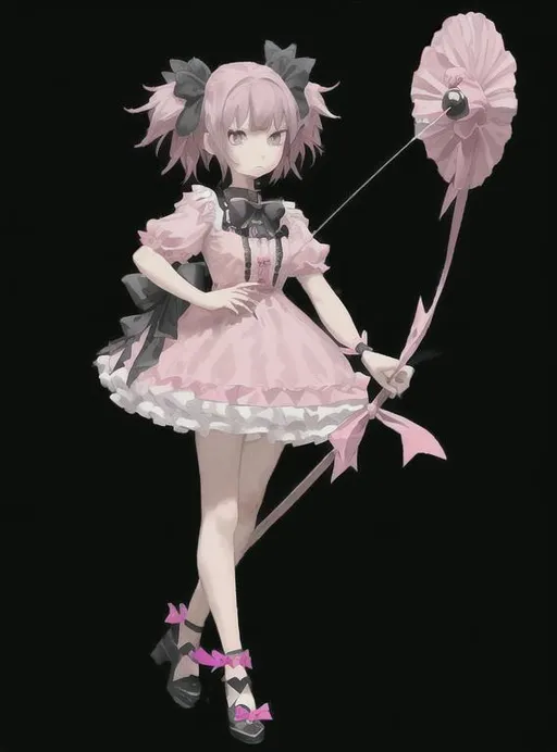 Prompt: (masterpiece), best quality, expressive eyes, perfect face, full body, 1girl, pink haired fourteen years old girl, dressed in a frilly black and pink dress, wielding a black wooden bow, bow with a black rose growing at the top, black and red chocker with a pink gem, short pink hair, pink eyes, short twintails, black hair ribbons, black stockings, red Mary Jean shoes, sad expression, tears