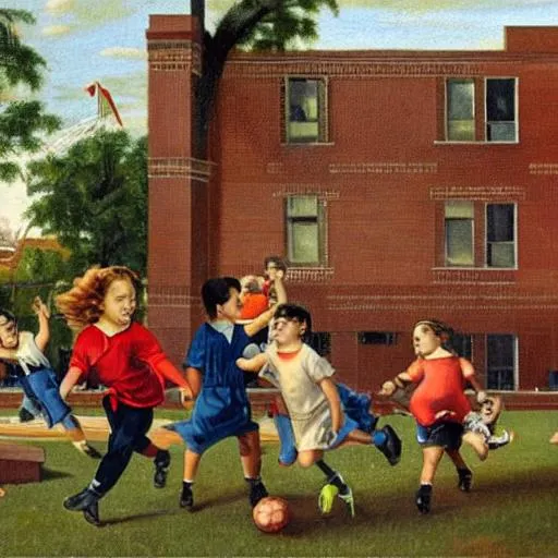 Prompt: a painting in the style of normal rockwell featuring kids playing on the playground, playing with soccer balls, playing baseball, playing tag in their school yard. The school is a red brick building, off to the left of the frame