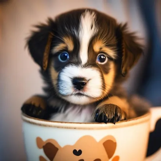 Prompt: A cute puppy in a cup with brownish eyes 