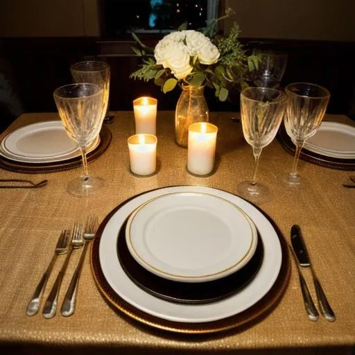A portrait of a table set for a candlelit dinner at...