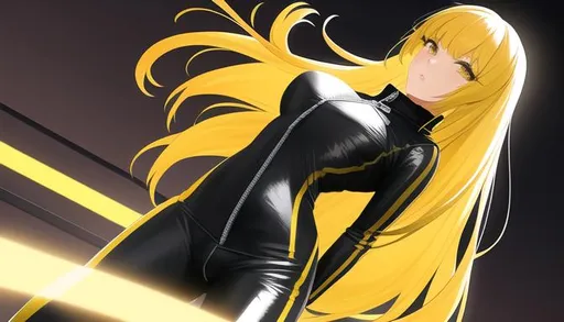 Prompt: anime girl, standing from the front, standing upright, upright pose, straight hair, straight bangs, two tone hair, two tone yellow black hair, bangs, bent over, female, pretty face, long hair, logo lips, leather , jumpsuit, racing suit, jockey suit, zipper, zipped, girl, realistic, 4k, vector geometric background with dark colors