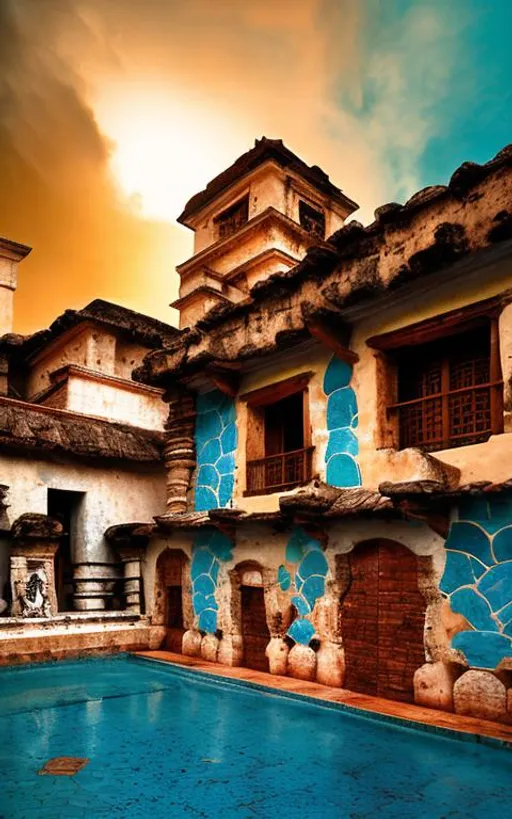 Prompt: A blend of Mayan architecture with Spanish colonial architecture, Spanish tiled roof, photograph, broad light, cinematic lighting, rich lighting, low color saturation, highly detailed, Kodachrome