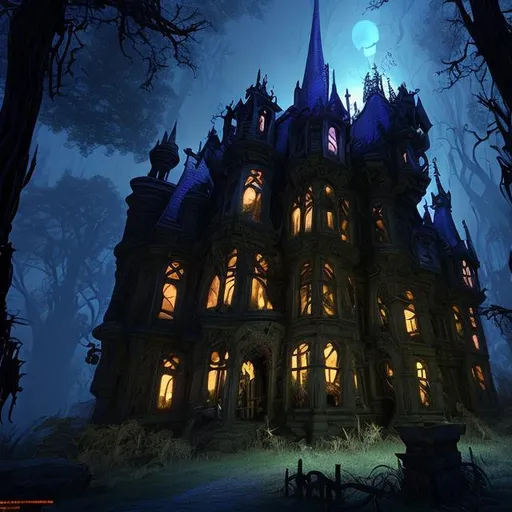 Prompt: Gothic fairytale woodland mansion, spooky atmosphere, night forest,  Ultraviolet, style of Tyler Edlin