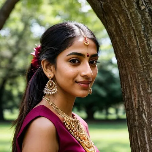 Prompt: Gorgeous Indian ((skinny)) girl in a park, pretty, cute 🥰, ((one eyes Winking)), Maroon Dress, centered in frame,close-up, ultra realistic, natural lighting, background having trees with pink flowers , drop type earrings, thin gold necklace, pony tail hairstyle