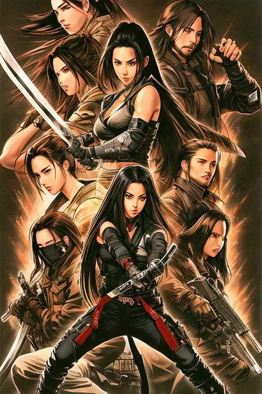 Prompt: 3 people (((Yoji Shinkawa))), sticker of ultra detailed portrait of Aaliyah Dana Haughton + Keanu Reeves + Olivia  Munn in black ninja outfit holding sheathed katana, high quality cell shaded illustration in post apocalyptic style by Yoji Shinkawa, ((full body)), dynamic pose, perfect anatomy, centered, freedom, soul, black long hair, approach to perfection, cell shading, 4k , cinematic dramatic atmosphere, watercolor painting, global illumination, detailed and intricate environment, artstation, concept art, fluid and sharp focus, volumetric lighting, cinematic lighting, Art by Yoji Shinkawa,