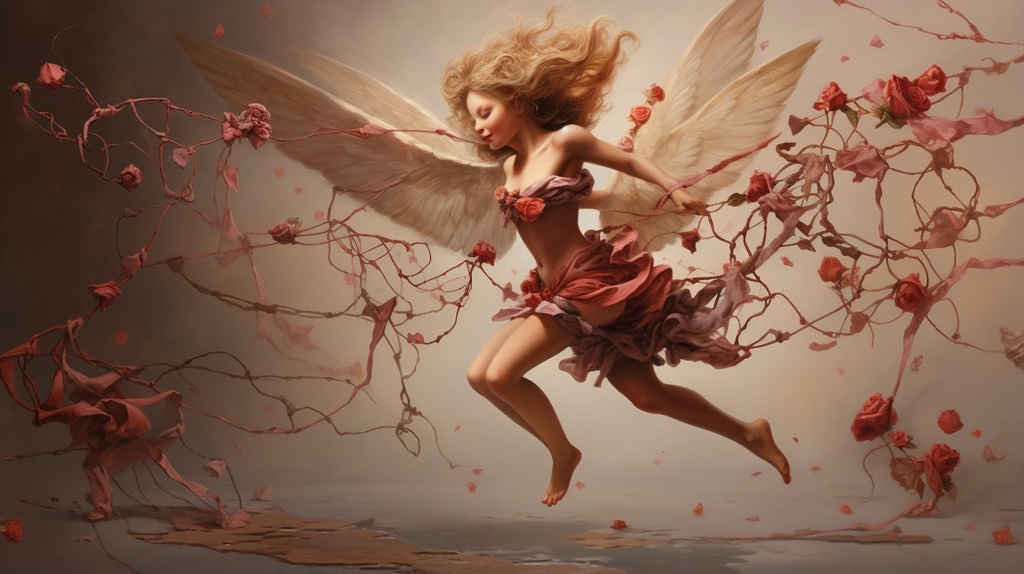 Prompt: cupid flying towards me with trails of hearts
