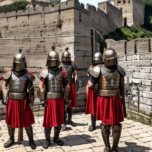 Prompt: Roman legionaries on duty on the Great Roman Wall