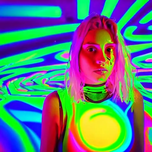 Prompt: As you enter the room, a wave of neon colors and trippy patterns washes over you. The acidwave aesthetic is in full force here, with walls covered in bold, abstract designs and flickering fluorescent lights casting everything in a surreal glow. The music is a heady mix of glitchy beats and distorted vocals, pulling you further into the dreamlike atmosphere. It's like stepping into a hallucination, where nothing is quite as it seems and reality is a fluid, ever-shifting thing. In this acidwave world, anything is possible and everything is a little bit warped.