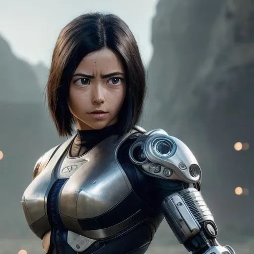 Prompt: alita, full body,brow eyes ,perfect composition, render trending on artstation, 8 k artistic photography, photorealistic concept art,natural volumetric cinematic perfect light, robotic ,black hair, Digital illustration, gorgeous ,perfect composition, render trending on artstation, 8 k artistic photography, photorealistic concept art, natural volumetric cinematic perfect light,cyborg