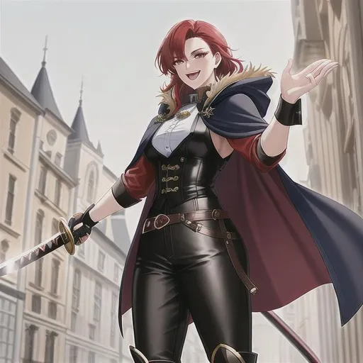 Prompt: a cute tall muscular young warrior woman, 20, with ornate red hair, with alabaster complexion, with large pretty red eyes, looking happy and excited, wearing a black traveling cloak, wearing a puffy white shirt, wearing a blue vest, wearing tan leather pants, wearing tall black boots, attacking with a katana, fantasy genre