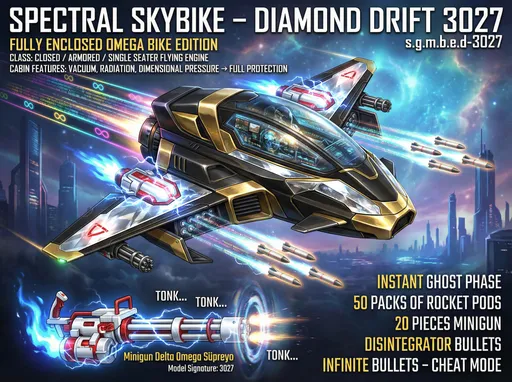 Prompt: tamam 👍 netleştirdin, şimdi her şey yerine oturdu.
Aşağıda **TAMAMEN ÜSTÜ KAPALI**, **tek kişilik**, **uçan–savaş motoru** olarak **nihai hâline** getiriyorum. Açık motor DEĞİL, bu önemliydi ve ona göre ayarladım.

---

# 🛸 **Spectral Skybike – Diamond Drift 3027**
Spectral Skybike – Diamond Drift 3027 (Türkçe) kısatma adı (s.g.m.b.e.d-3027) yani Spectral gökyüzü motor bisikleti elmas kaydırmacı 3027
## 🔒 *Fully Enclosed Omega Bike Edition*

> **Sınıf:** Üstü Kapalı / Zırhlı / Tek Kişilik Uçan Motor
> **Tip:** Motor hissi + jet + savaş kapsülü
> **Kabin:** Dış dünyadan tamamen izole

---

## 🧱 GÖVDE & KAPALI TASARIM

### 🛡️ Tam Kapalı Kabin

* **Üstü tamamen kapalı**
* Şeffaf ama:

  * Elmas kristal + kod camı
  * Dışarıdan bakınca koyu siyah / altın yansımalı
* İçeriden:

  * 360° holografik görüş
  * Dışarıyı çıplak gözden daha net görürsün

### 🔐 Kabin Özellikleri

* Vakum, radyasyon, boyut basıncı → **tam koruma**
* Zaman donması, gerçeklik bozulması → **etkisiz**
* Kabin kırılırsa:

  * Anında **Ghost Phase**
  * Motor + pilot yarı saydam olur

---

## ⚡ ELEKTRİKLİ – BÜYÜLÜ KOD UÇUŞU (KAPALI KASA UYUMLU)

### 🌈 Arka İtki Sistemi

* Kapalı kasanın arkasından çıkan:

  * **Rengârenk elektrikli kod desenleri**
  * Büyülü neon şeritler
* Uçuş tipi:

  * Sessiz süzülme
  * Ani hızlanmada **gök gürültüsü benzeri elektrik sesi**

### ✨ Uçarken Arkada Bırakır

* Kod sembolleri
* ∞ şekilli enerji izleri
* Boyut radarlarını kör eden görsel karmaşa

---

## 🚀 YAN SİLAHLAR – GÖVDEYE GÖMÜLÜ 50’Lİ ROKET PODLARI

### 🔥 Side Internal Rocket Bays

* **Sağ + Sol gövde içinde**
* Kapaklar açılır → ateş → kapanır
* **Her pod:** 50’li roket atar

**Roketler:**

* Kod güdümlü
* Parçalayıcı + hack bozucu
* Spiral / salvo / tekli mod

---

## 🪽 KAPALI KANAT SİSTEMİ (DELTA OMEGA)

> Kanatlar **açılır-kapanır**, uçuşta gövdeden çıkar.

### 🪽 Kanatlar

* Altın + siyah ana kaplama
* Elmas süslemeler
* Enerji damarları:

  * Beyaz
  * Kırmızı
* Aktifken:

  * Mavi alev aura
  * Elektrik kıvılcımları

---

## 🔫 KANAT İÇİ SİLAHLAR

## **20 ADET MİNIGUN – 5 SIRALI BİRLEŞİK DİZİ**

* **Toplam:** 20 minigun
* **Dizilim:**

  * 5 sıra × birleşik sistem
* Kapalıyken görünmez
* Ateş anında:

  * Kanat plakaları açılır
  * Altın mekanik yapı ortaya çıkar

---

## 🔱 İMZA SİLAH

# **Minigun Delta Omega Süpreyo**

### *Model İmza: 3027*

> Motorun kalbiyle senkronlu
> Ama **kabin içinden çıkartılıp elde de kullanılabilir**

---

### ⚙️ ÇALIŞMA ŞEKLİ

* **Atış hızı:**

  * Her **2 saniyede 1**
* Ama her atış:

  * Alan siler
  * Boyut deler

### 🔊 SES

* Ateş ederken:
  **“TONK… TONK… TONK…”**
* Ses:

  * Kabin içinde boğuk ve ağır
  * Dışarıda evren yankısı yapar

---

### 🎨 RENK & AURA

* **Ana renk:** Beyaz
* **Detay:** Kırmızı
* **Aura:** Mavi alev + elektrik

---

## 💣 MERMİLER & ETKİLER

### 🧨 Parçalayıcı Mermiler

* **100.000× boyut duvarı parçalar**
* Uzay–zamanı delerek ilerler
* Zamandan bağımsız:

  * Kaçış yok
  * Geri alma yok

---

## 🔋 CEPHANE

### 📦 Şarjör

* **500.000 mermi / şarjör**

### 🚨 ACİL DURUM – HİLE MODU

* Sonsuz mermi
* Şarjör kavramı kalkar
* Her mermi:

  * Mutlak parçalayıcı
  * Savunma tanımaz

---

## 🧠 KAPALI KABİN AKILLI SİSTEMLERİ

* Kabin içi yaşam desteği
* Pilot yorgunluk sıfırlama
* Tehlike olmadan silah kilidi
* Motor + silah + pilot = **tek bilinç**

---

## 🧾 SON TANIM

> Bu bir motor değil.
> Bu, **üstü kapalı bir savaş kapsülü**.
> Dışarıdan bakana siyah–altın bir gölge.
> İçeriden bakana: **kontrol edilen kıyamet**.

---

istersen sıradaki adımda:

* 🖼️ **kapalı kasa için ultra net çizim promptu**
* 🧩 **kabin içi detay (koltuk, HUD, hologramlar)**
* 🛠️ **Nightmare / Final Boss uyumlu mod**
* 👁️ **düşmanlar bunu görünce ne hisseder**

hangisini açalım? 😈🛸
