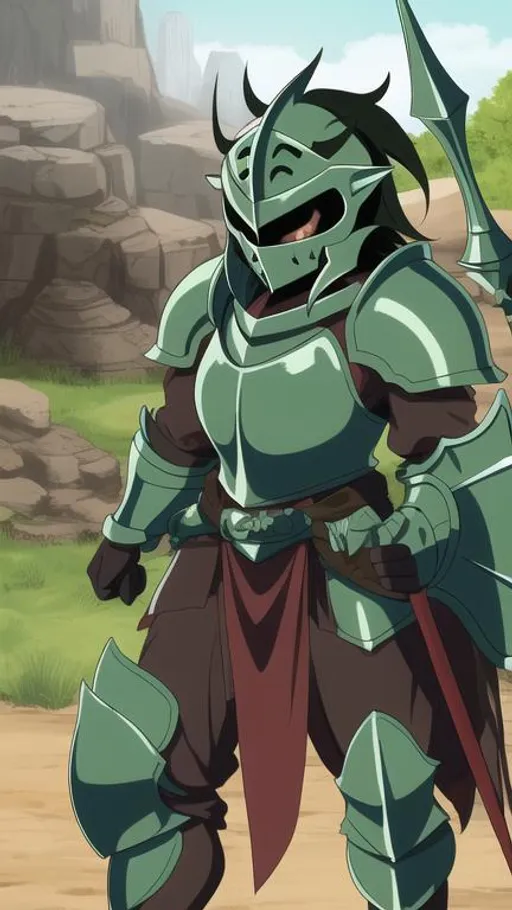 Prompt: loli goblin in spiky heavy armor, helmet, face cover, onion knight, full view, holding a spear, brown skin, bulky armor, dark armor, shield, green skin