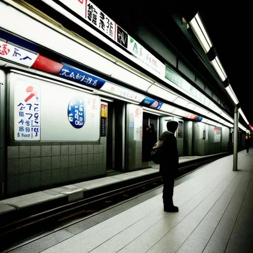 Prompt: lonely man on a subway platform in tokyo surrounding by neon lights at night