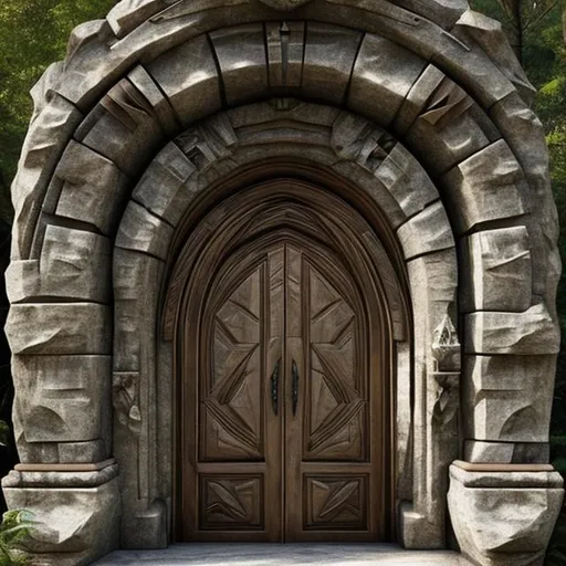 Prompt: huge stone door in the forest with a diamond shaped indent. elvish style