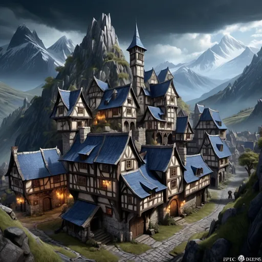 Prompt: Town high in the mountains in Warhammer fantasy RPG style, detailed architecture, rugged terrain, dramatic lighting, dark blue roof tiles, high quality, fantasy, medieval, mountain town, detailed buildings, various buildings, atmospheric lighting, epic landscape, rugged terrain, dramatic sky, immersive environment