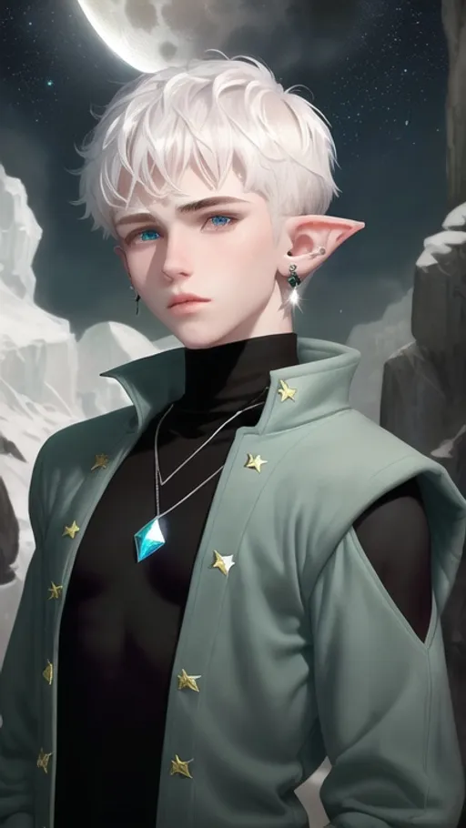 Prompt: A 19 year old boy with elf ears, pale skin, fluffy short white hair, dark blue eyes, star and moon earrings, spandex black turtleneck, dark green denim jacket, necklace with white crystal attached.
