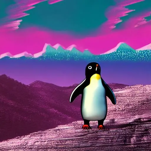 Prompt: a penguin on a mountainbike in synthwave style