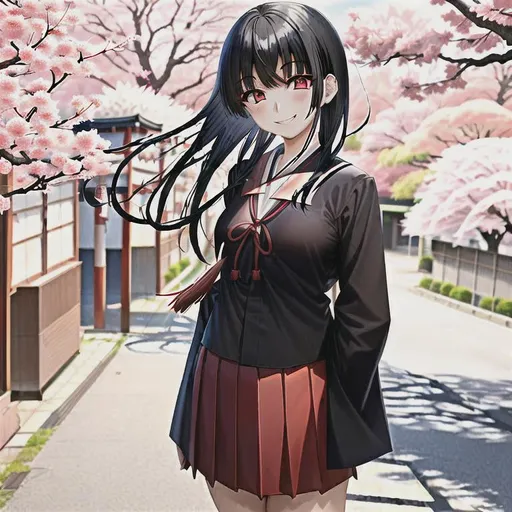 Prompt: Graduate girl with black hair, red eyes in a Japanese school uniform, backdrop of a road and a sakura tree above, smiling