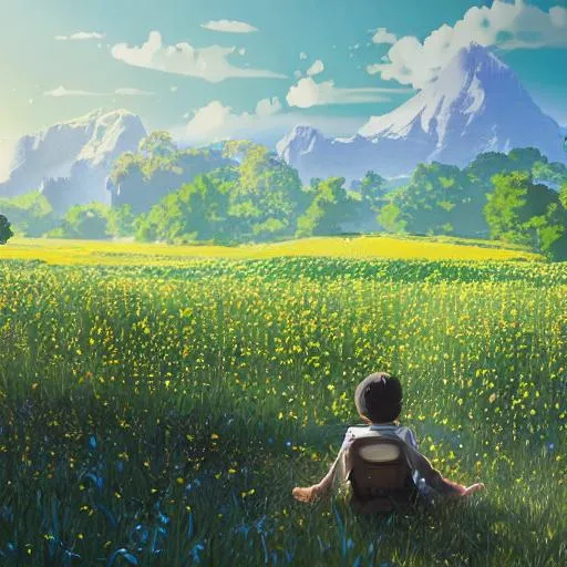 Prompt: a highly detailed digital art painting of rainy undertint distant mountains with clouds hanging above the ocean,a little boy farming in yellow-green convex meadow when it's raining in the far background, 4k resolution,azure tint,makoto shinkai style,a medium shot,volumetric lighting