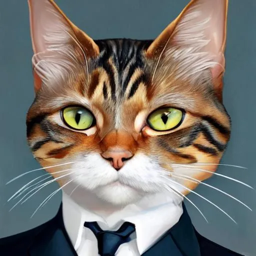Prompt: Imagine a gallery of portraits showcasing cats in different professional outfits, each embodying their chosen career. Whether it's a sophisticated CEO cat in a tailored suit or a daring firefighter cat in full gear, let your artwork celebrate the diverse talents and contributions of working cats.