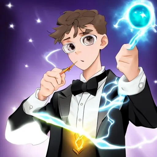 Prompt: 16 year old boy in a tuxedo useing his magic wand to cast a spell on a 16 year old boy in a white botton down shirt with a collar