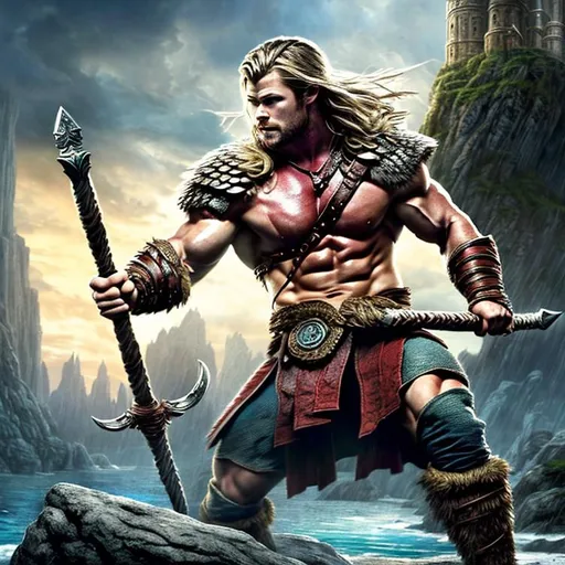 Prompt: Chris Hemsworth as a barbarian from dungeons and dragons, lean muscles, DnD, in the style of realistic and hyper-detailed renderings,dungeons and dragons, 8k, detailed eyes, perfect eyes, epic , dramatic , fantastical, full body , intricate design and details, dramatic lighting, hyperrealism, photorealistic, cinematic, 8k, detailed face, Dramatic photo,epic photo, whole body,barbarian,

