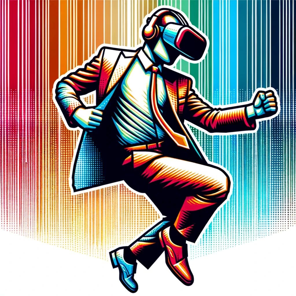 Prompt: an illustration of a dancing man wearing a virtual reality headset, in the style of light and color effects, neo-pop iconography, vray tracing, full body, vivid color scheme, highly textured, grid-based in square ratio