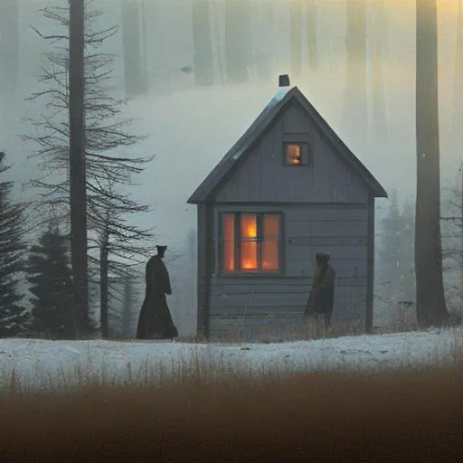 Prompt: a wendigo crawling on the roof, the dark woods, snow field, wood cabin with smoke coming out the chimney. small brown dog outside 