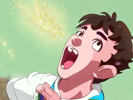 Prompt: 16 year old boy in a polo scared and surprised at a gold sparkly a magic spell flying straight at him