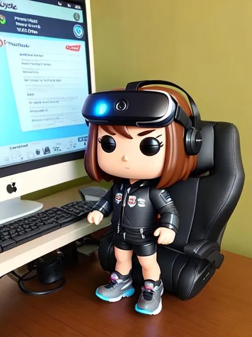 Prompt: funko pop figure winking, wearing the meta quest 2 virtual reality on face over eyes, below the shoulder wavy dark brown hair