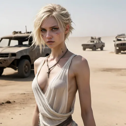 Prompt: Wasteland setting reminiscent of the movie Fury Road.  a (beautiful, perfect athletic and cute girl) with a slender, athletic build and fair skin. Her  dusty blonde hair is short and choppy, cut just above her shoulders, appearing slightly unkempt. She wears a simple, flowing white garment made of thin transparent fabric, which is draped loosely around her body. The outfit is minimal, designed to be functional.

Her highly detailed face and skin are defined by sharp, angular features, with high cheekbones and a firm jawline. Her eyes are large and expressive. She maintains a clean, almost ethereal appearance, standing out against the rugged, apocalyptic landscape. 

The setting should feel gritty and industrial, with her figure and white clothing creating a visual contrast to the dark, muted tones of the world she inhabits.