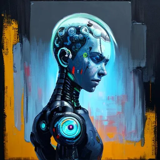 Prompt: Android, Pain, AI, oil painting, artistic expression, OpenArt, ChatGPT, MidJourney, DOLLI, OpenAi, Detroit Become Human Marcus Painting