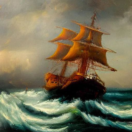 Prompt: oil painting storm on sea and ship close up in center impressionism