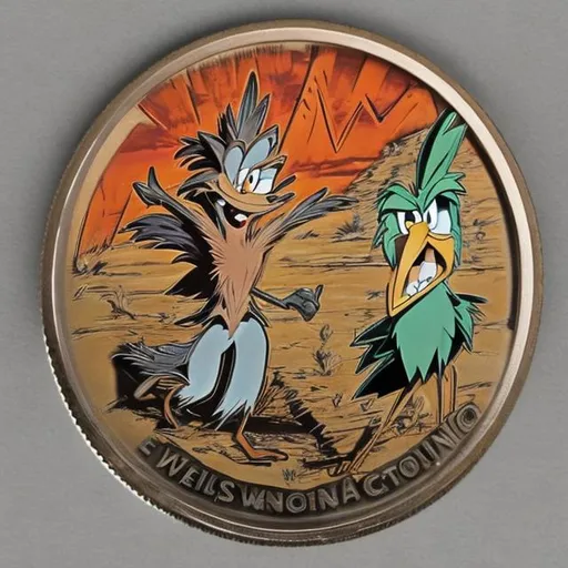 Prompt: Wile E. Coyote and Roadrunner, coin, surprise me