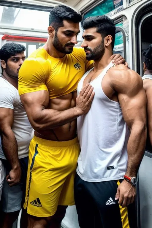 Prompt:  ("kanpur" rugged hypermasculine muscular hunk in white "sportswear") hugging a ( tall rugged hypermasculine muscular hunk  "haryanvi" in yellow "sportswear") inside a  delhi dingy crowded bus with heads of people. arena, perfect composition, hyperrealistic, super detailed, 8k, high quality, trending art, trending on artstation, sharp focus, studio photo, intricate details, highly detailed, 