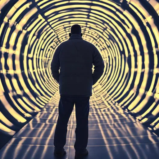 Prompt: A man stands in front of the bright huge light source, looking at light.
a full body of man.