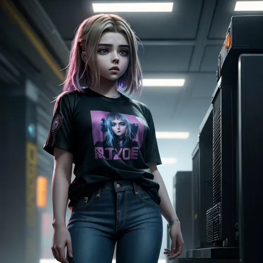 Prompt: Cyberpunk, Young Chloë Grace Moretz, in t-shirt and jeans, raw photo, photorealistic, High Detail, dramatic, UHD, HDR raw photo, realistic, sharp focus, 8K high definition, insanely detailed, intricate, high quality, 