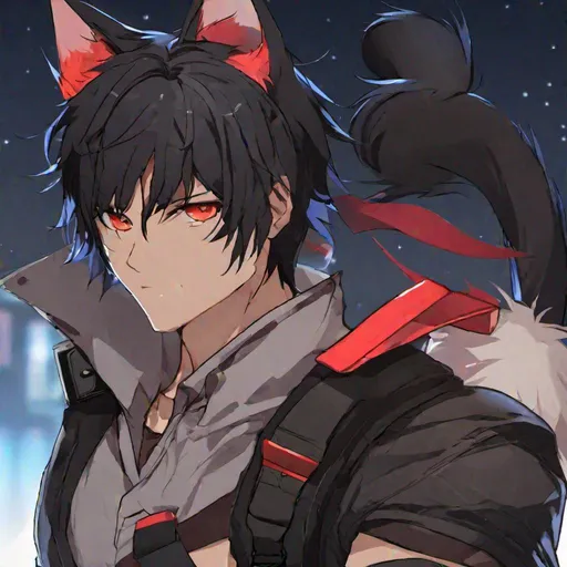 Prompt: Midnight Male, short side swept black hair with red highlights covering his right eye, full body, cat ears, cat tail, shirtless, combat gear 4k, HD