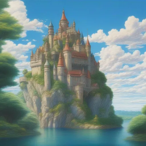 Prompt: Colored pencil anime picture of a floating castle, partly sunny sky, highly detailed, hayao miyazaki, hd