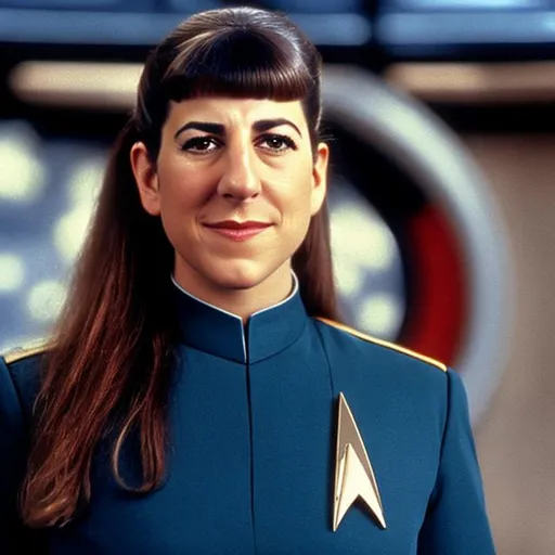 Prompt: Mayim Bialik in a black Starfleet uniform ((Star Trek: the Next Generation))
