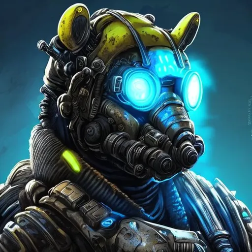 Prompt: cyber punk yellow honey badger with one pair of goggles on its forehead with a black and grey background. Glowing blue eyes. Snout. Full portrait. Fur. Gears of war carmine style helmet.