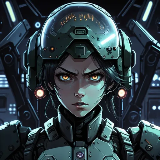 Prompt: 2d dark j horror anime style, female, anime scene, mech pilot, cool and metallic color tones, futuristic military setting, detailed mechanical design, intense and determined expression, high-tech military outfit, glowing control panels, best quality, highres, ultra-detailed, anime, sci-fi, cool tones, military, detailed machinery, professional, atmospheric lighting